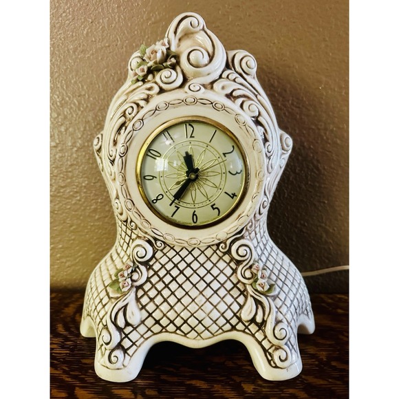Vintage Mantle Clock Movement By Lanshire Electric Victorian Cream Floral Tested - Picture 1 of 8